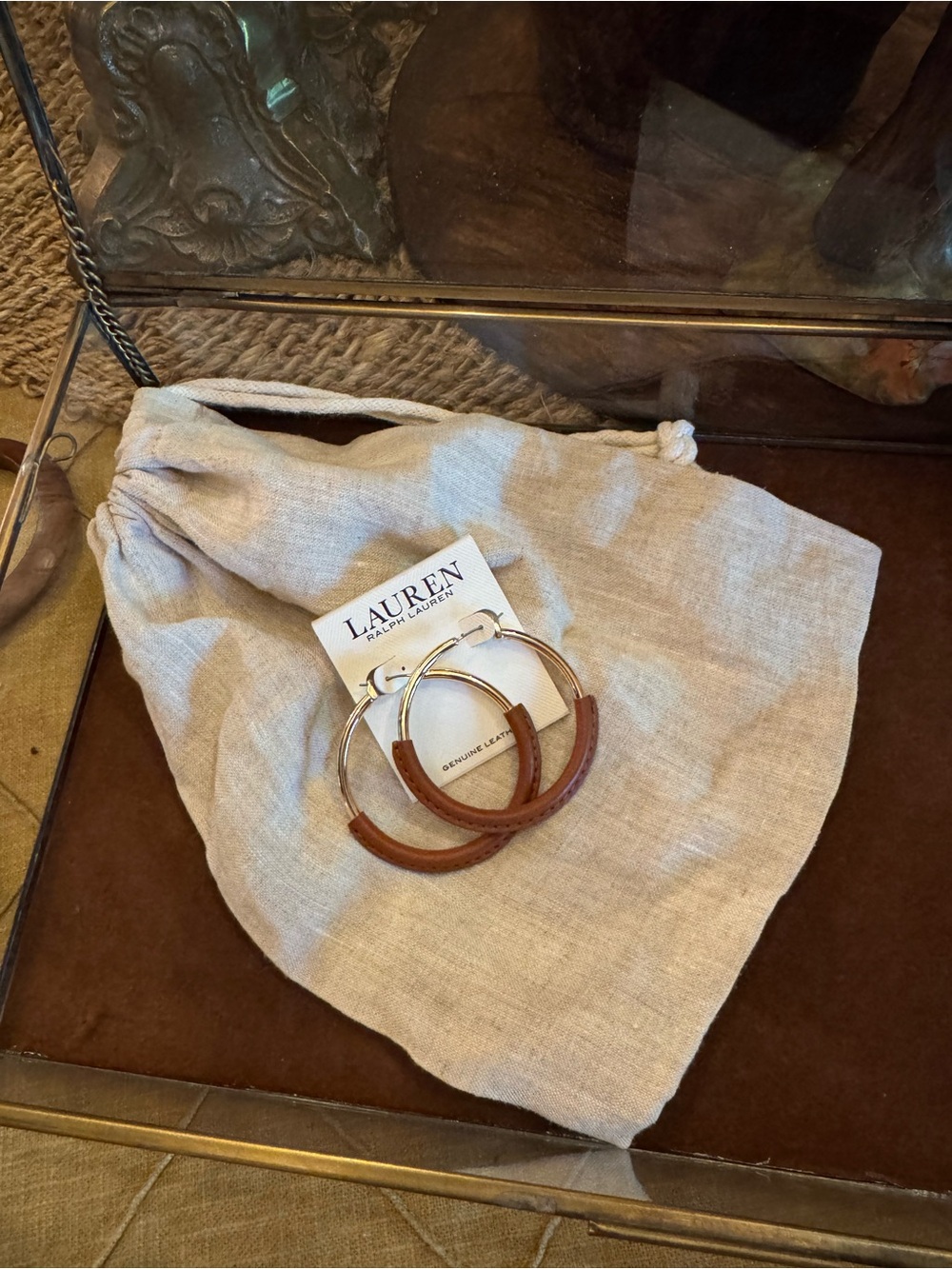 Lauren Ralph Lauren Brown and Gold Leather-Trim Hoop Earrings